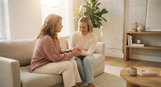 Dos mujeres conversando en un ambiente de apoyo