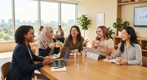 Grupo de mujeres conversando alrededor de una mesa