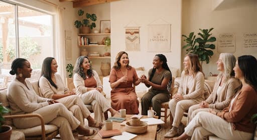Mujeres compartiendo en una reunión comunitaria